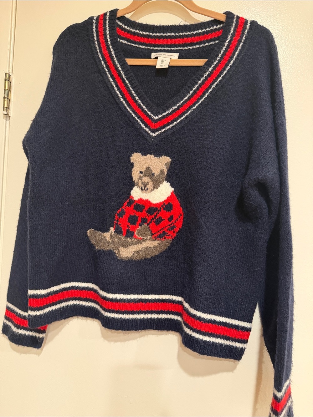 cupcakes & cashmere Navy and Red V‑Neck Oversized Teddy Bear Sweater - Picture 4 of 4